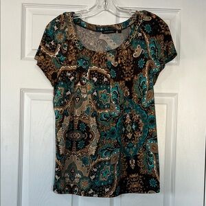 Notations Teal and Brown Paisley Short Sleeve Top